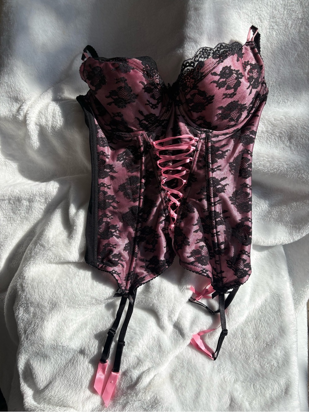 Women's Pink Lace Bustier Corset with Garter Straps